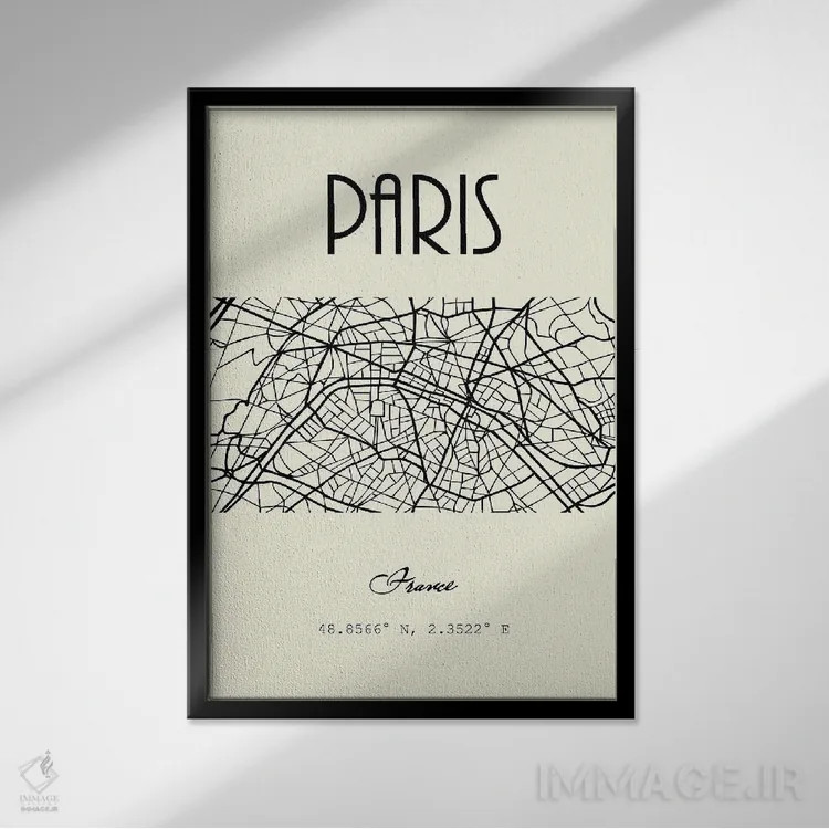 تابلو مدرن نقشه شهر پاریس اثر نوردیک پرینت استودیو - نمای قابدار مشکی