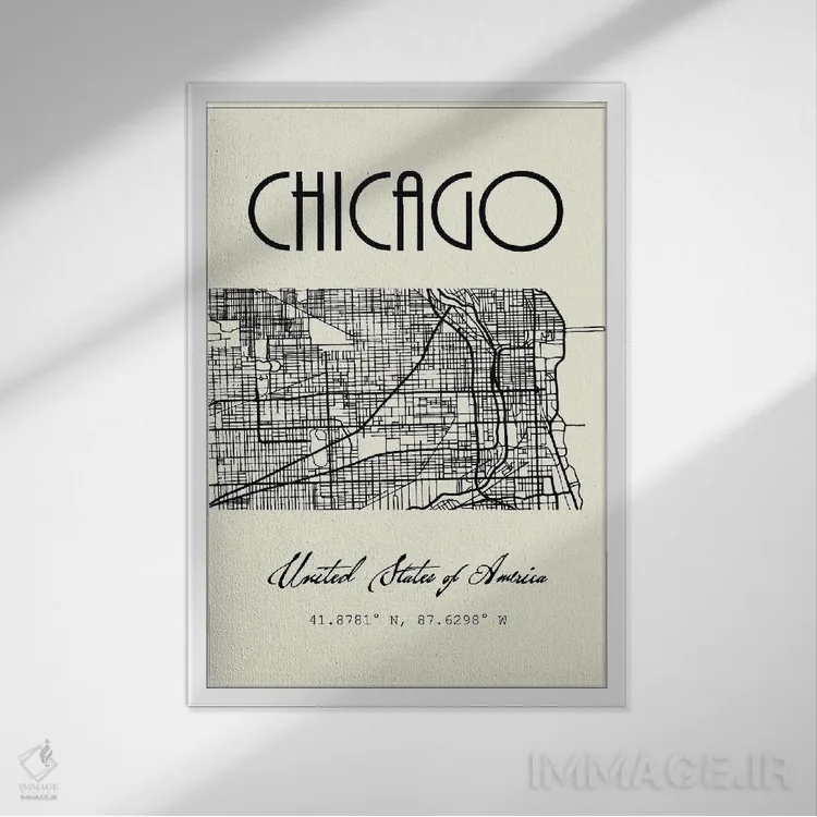 تابلو مدرن نقشه شهر شیکاگو اثر نوردیک پرینت استودیو - نمای قابدار سفید
