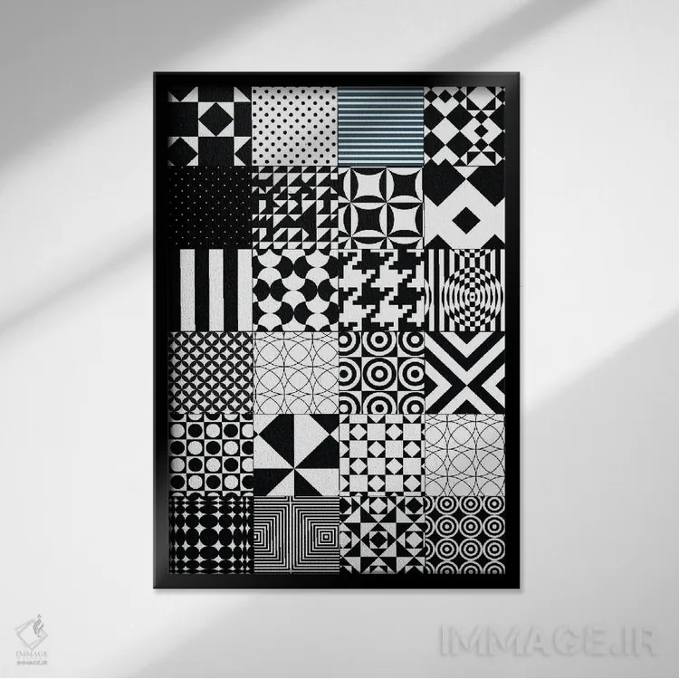 تابلو انتزاعی الگوی لحاف انتزاعی اثر نوردیک پرینت استودیو - نمای قابدار مشکی