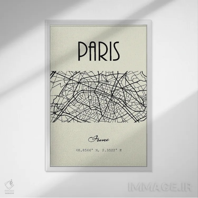 تابلو مدرن نقشه شهر پاریس اثر نوردیک پرینت استودیو - نمای قابدار سفید