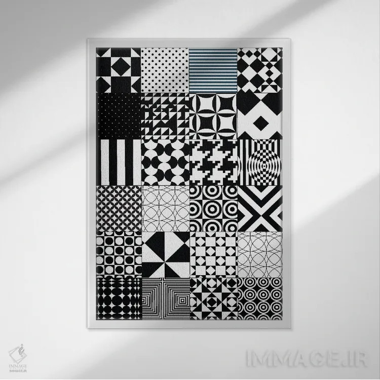 تابلو انتزاعی الگوی لحاف انتزاعی اثر نوردیک پرینت استودیو - نمای قابدار سفید