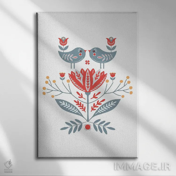 تابلو مینیمال پرندگان هنر مردمی اسکانباوراوی اثر نوردیک پرینت استودیو - نمای روبهرو روی دیوار