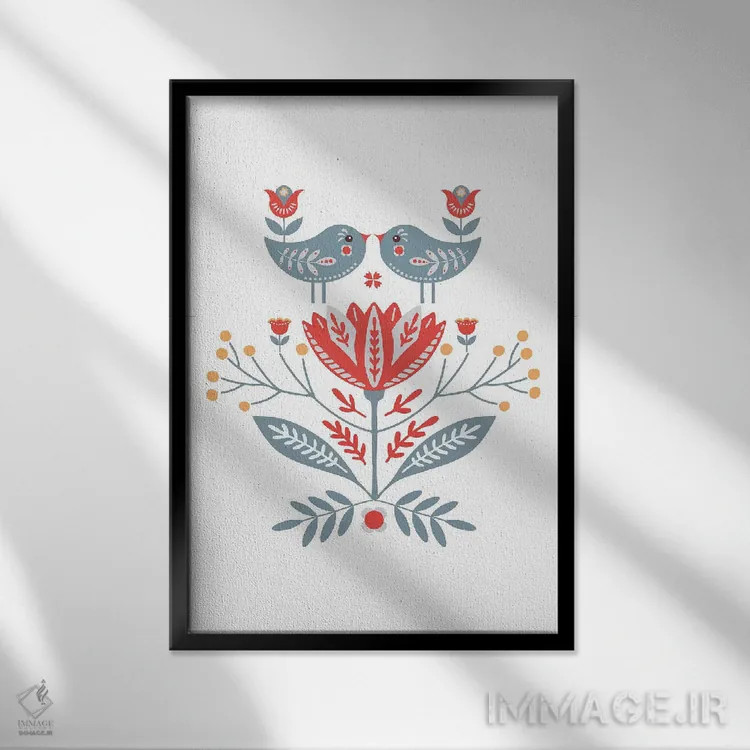 تابلو مینیمال پرندگان هنر مردمی اسکانباوراوی اثر نوردیک پرینت استودیو - نمای قابدار مشکی
