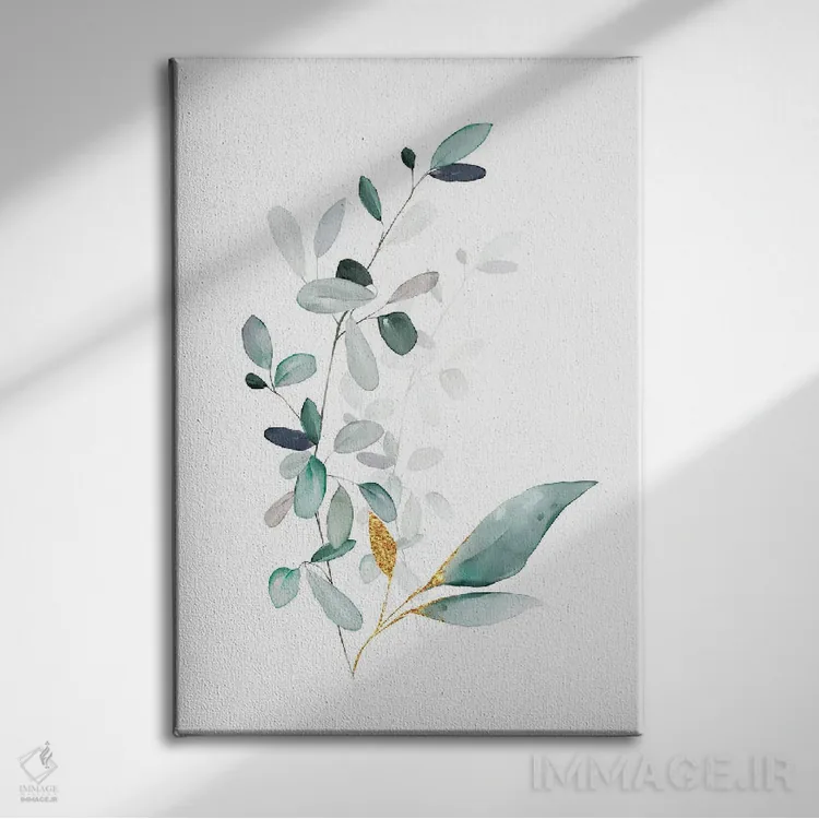 تابلو مینیمال گیاهان مدرن طلایی و مریم گلی اثر نوردیک پرینت استودیو - نمای روبهرو روی دیوار