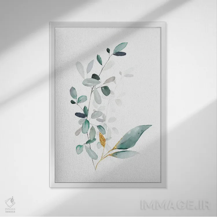 تابلو مینیمال گیاهان مدرن طلایی و مریم گلی اثر نوردیک پرینت استودیو - نمای قابدار سفید