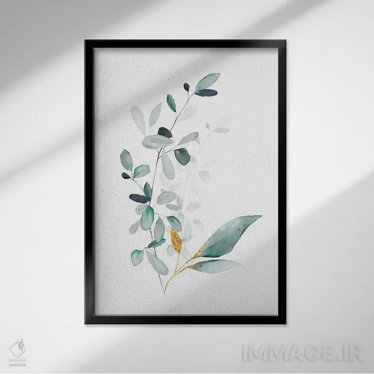 تابلو مینیمال گیاهان مدرن طلایی و مریم گلی اثر نوردیک پرینت استودیو - نمای قابدار مشکی
