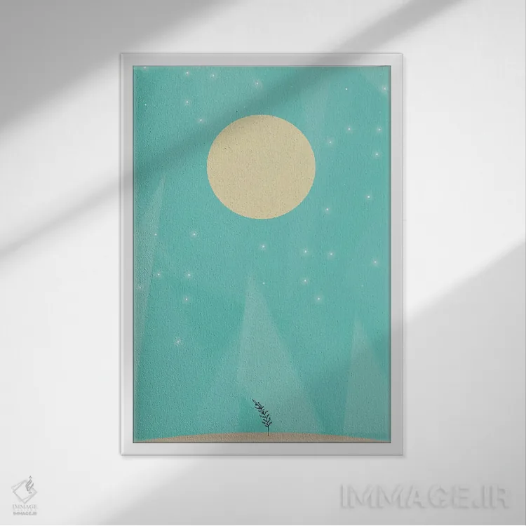 تابلو مینیمال گل ماه آبی رترو اثر نوردیک پرینت استودیو - نمای قابدار سفید