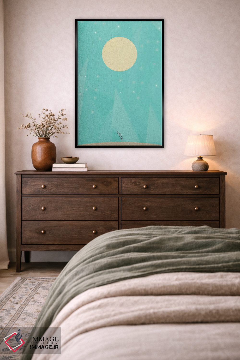 تابلو مینیمال گل ماه آبی رترو اثر نوردیک پرینت استودیو - D6B
