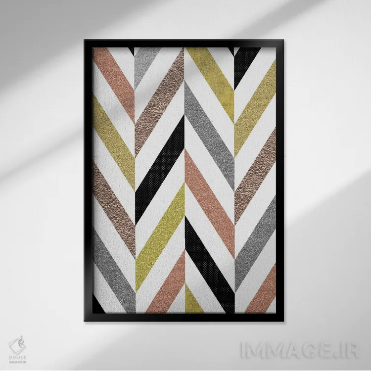 تابلو مینیمال طرح هرینگ بون درخشان طلایی رز و نقره ای اثر نوردیک پرینت استودیو - نمای قابدار مشکی