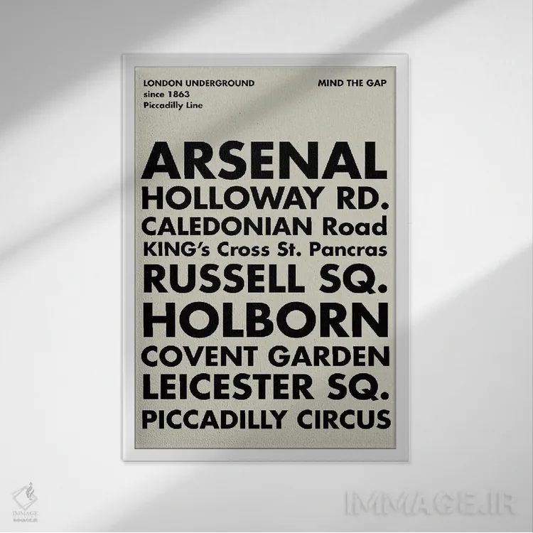 تابلو مدرن خط پیکدیلی متروی لندن اثر نوردیک پرینت استودیو - نمای قابدار سفید