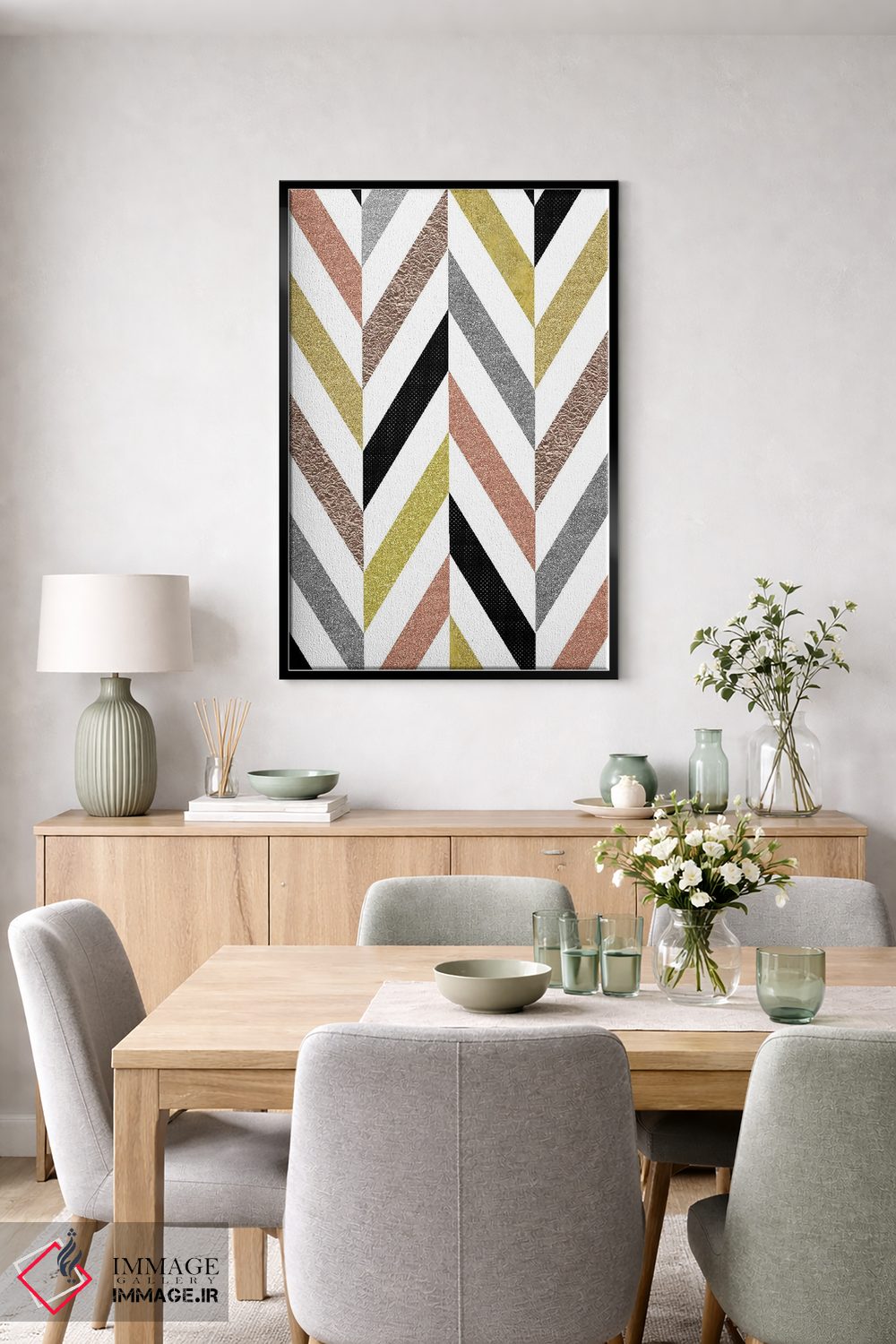 تابلو مینیمال طرح هرینگ بون درخشان طلایی رز و نقره ای اثر نوردیک پرینت استودیو - D6B