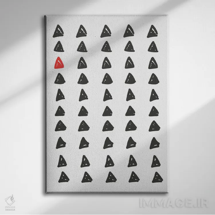 تابلو مینیمال هندسی انتزاعی مشکی و قرمز اثر نوردیک پرینت استودیو - نمای روبهرو روی دیوار