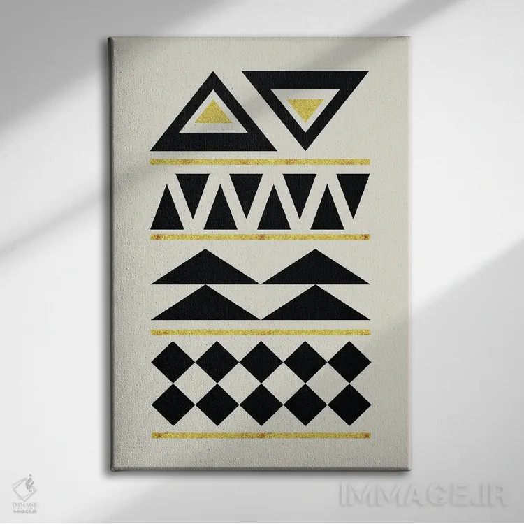 تابلو مینیمال هنر قبیله ای انتزاعی طلایی و مشکی ۴ اثر نوردیک پرینت استودیو - نمای روبهرو روی دیوار