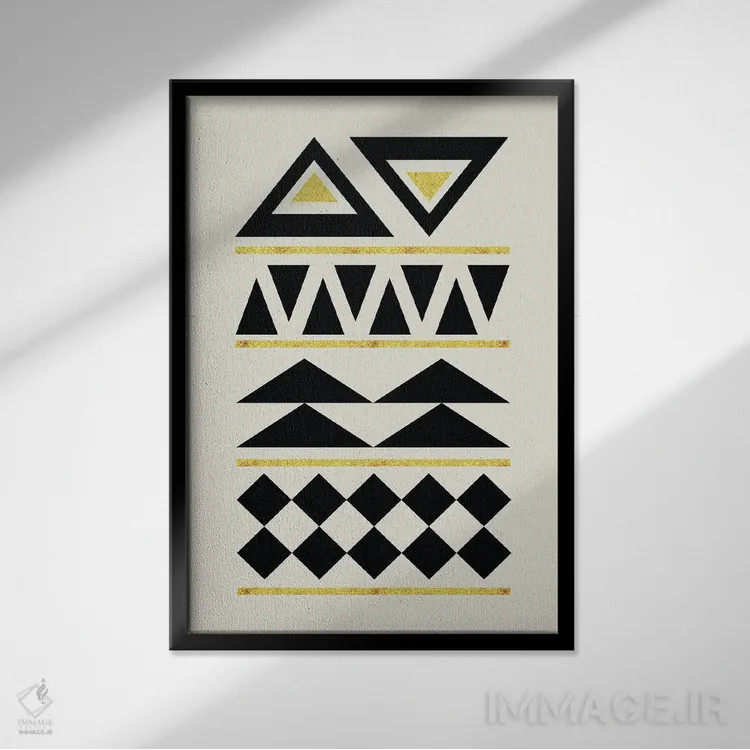 تابلو مینیمال هنر قبیله ای انتزاعی طلایی و مشکی ۴ اثر نوردیک پرینت استودیو - نمای قابدار مشکی