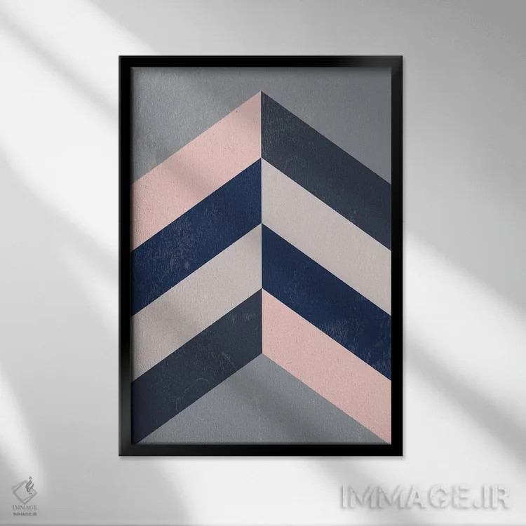 تابلو مینیمال Navy Blue And Grey,زیگزاگ رترو صورتی، سرمه ای و طوس… اثر نوردیک پرینت استودیو - نمای قابدار مشکی