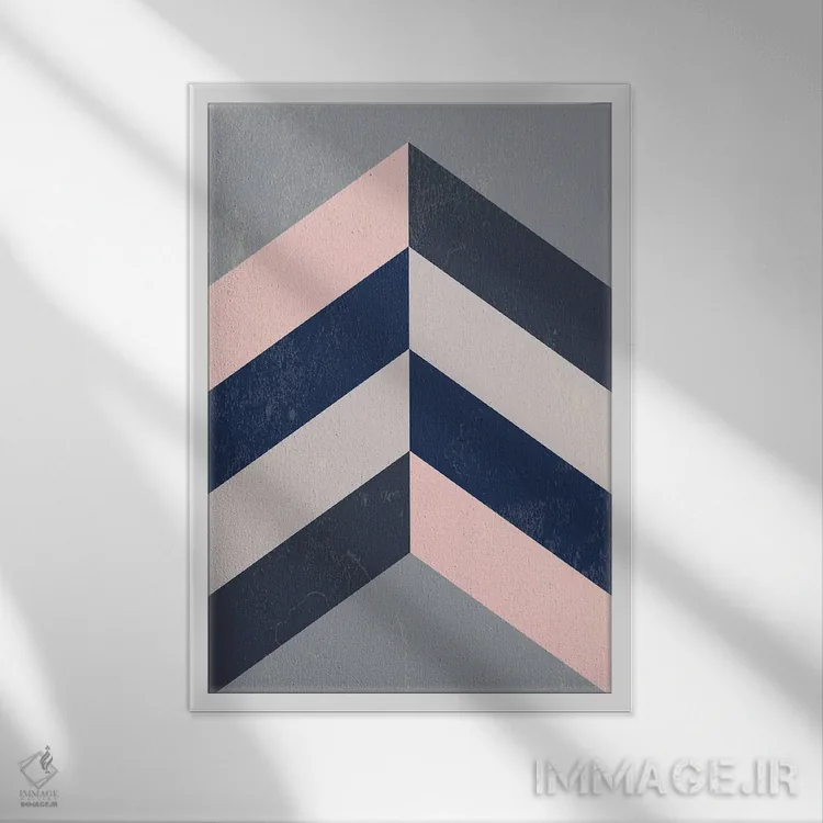 تابلو مینیمال Navy Blue And Grey,زیگزاگ رترو صورتی، سرمه ای و طوس… اثر نوردیک پرینت استودیو - نمای قابدار سفید