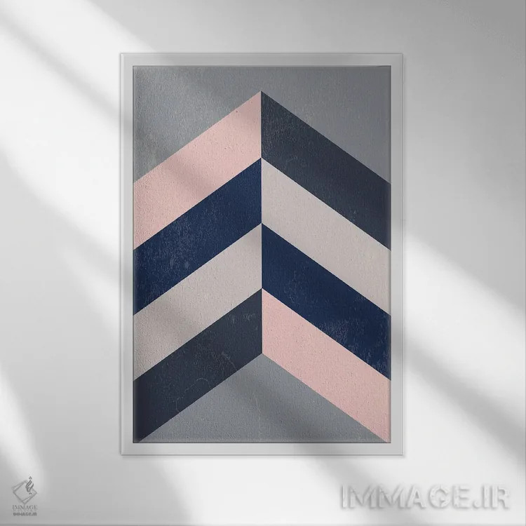 تابلو مینیمال Navy Blue And Grey,زیگزاگ رترو صورتی، سرمه ای و طوس… اثر نوردیک پرینت استودیو - نمای قابدار سفید