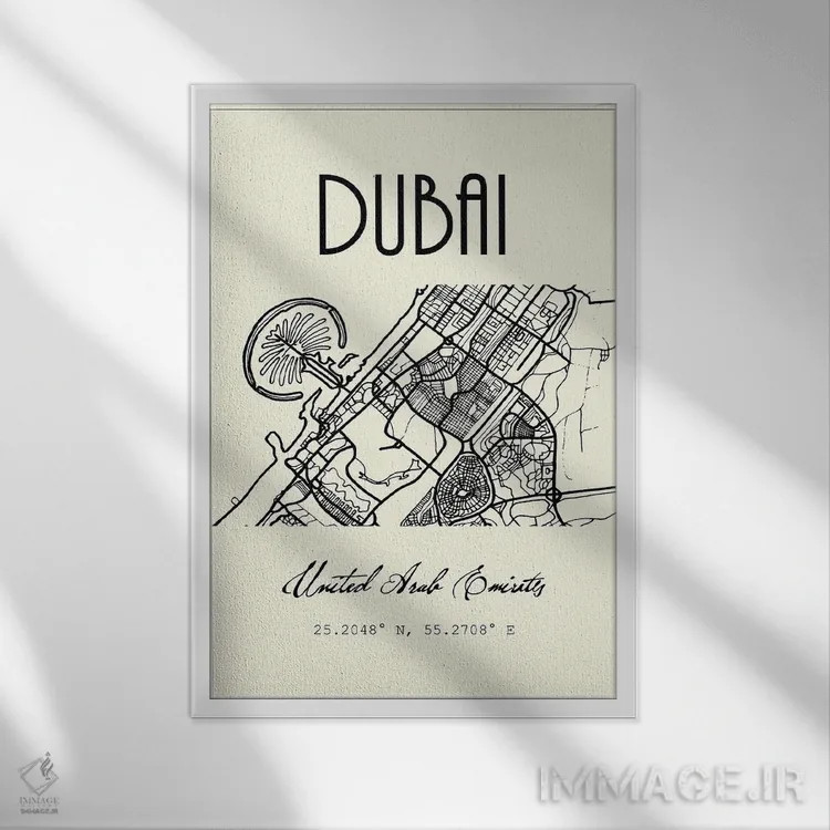 تابلو مدرن نقشه شهر دبی اثر نوردیک پرینت استودیو - نمای قابدار سفید