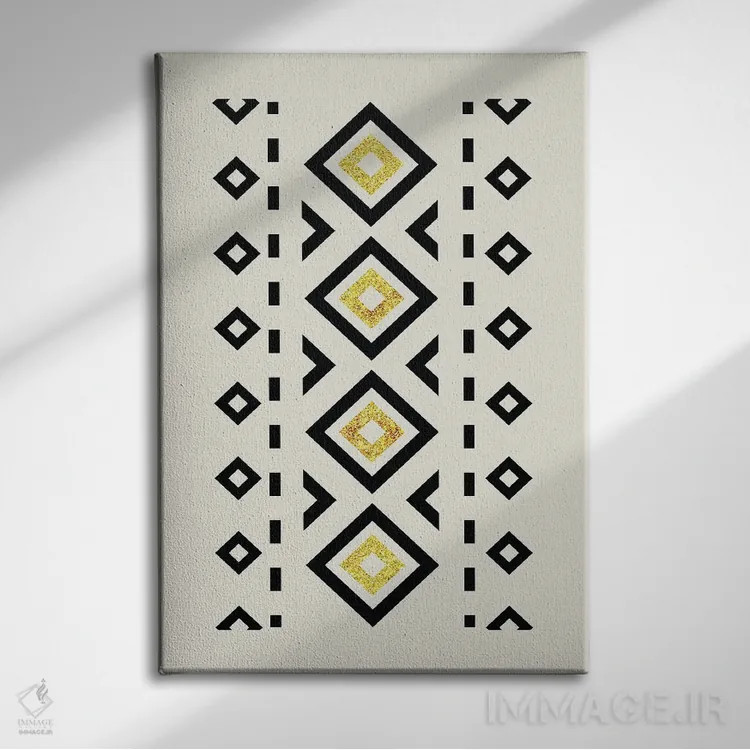 تابلو مینیمال هنر قبیله ای انتزاعی طلایی و مشکی ۲ اثر نوردیک پرینت استودیو - نمای روبهرو روی دیوار