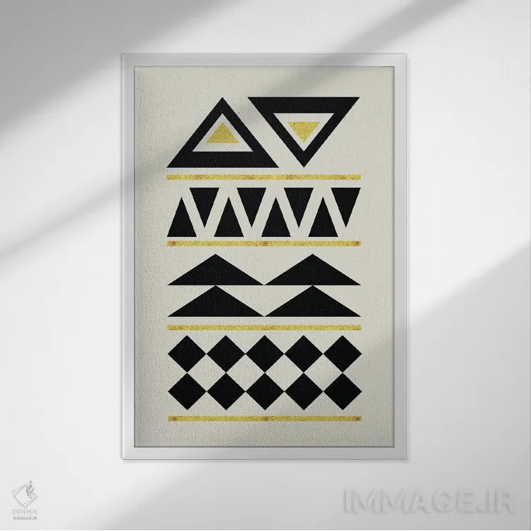 تابلو مینیمال هنر قبیله ای انتزاعی طلایی و مشکی ۴ اثر نوردیک پرینت استودیو - نمای قابدار سفید