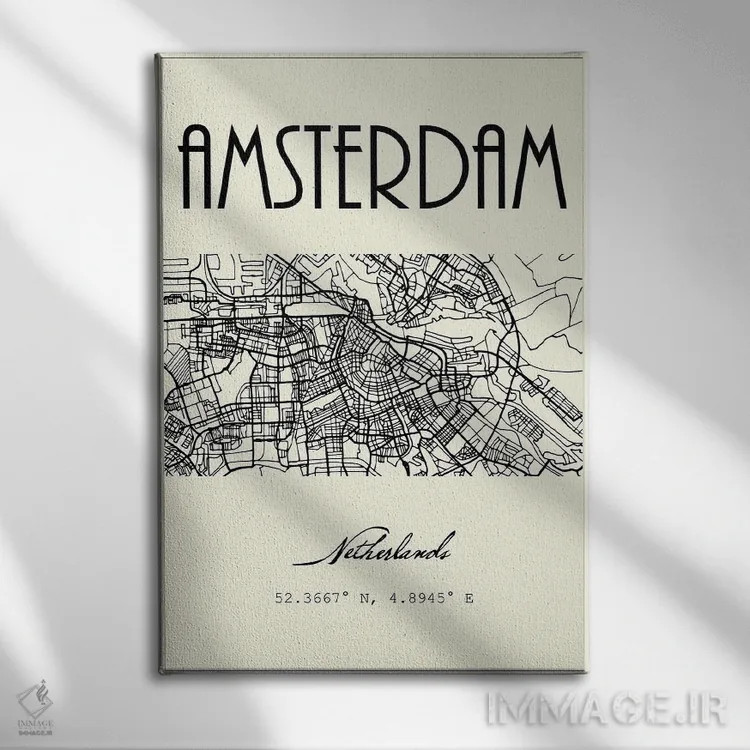 تابلو مدرن نقشه شهر آمستردام اثر نوردیک پرینت استودیو - نمای روبهرو روی دیوار