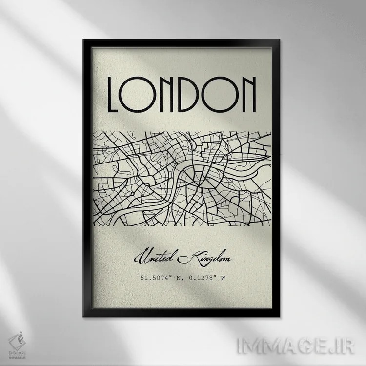 تابلو مدرن نقشه شهر لندن اثر نوردیک پرینت استودیو - نمای قابدار مشکی