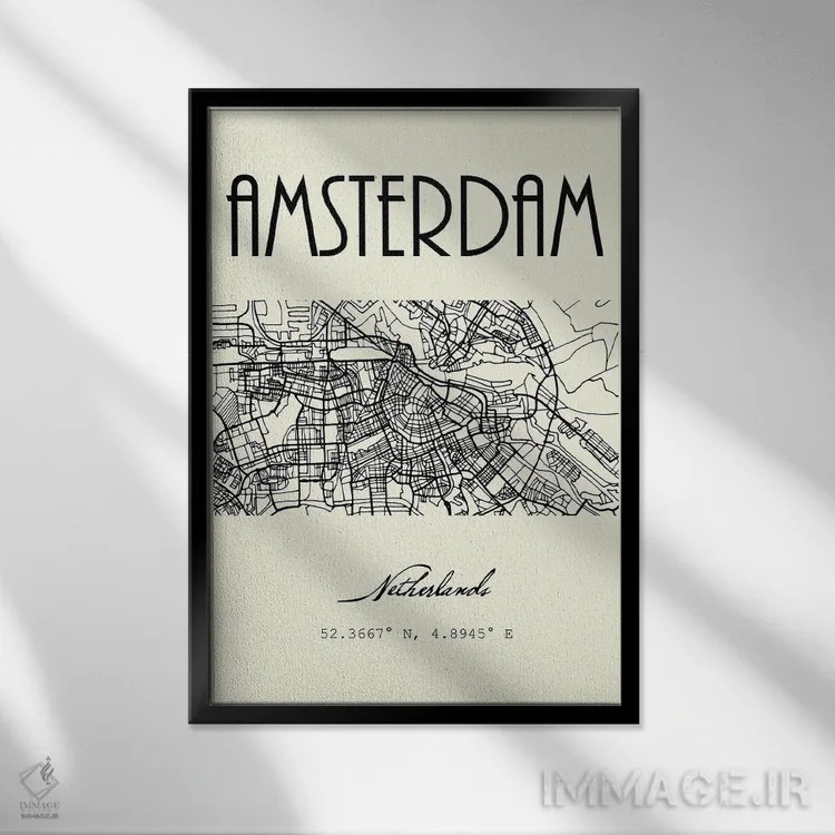 تابلو مدرن نقشه شهر آمستردام اثر نوردیک پرینت استودیو - نمای قابدار مشکی