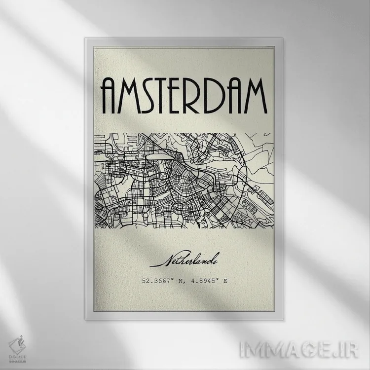 تابلو مدرن نقشه شهر آمستردام اثر نوردیک پرینت استودیو - نمای قابدار سفید