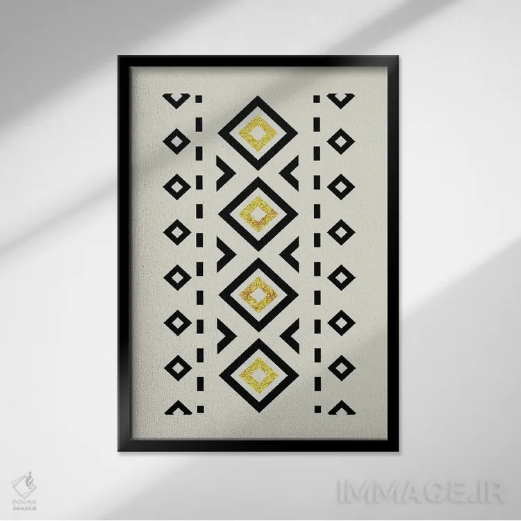 تابلو مینیمال هنر قبیله ای انتزاعی طلایی و مشکی ۲ اثر نوردیک پرینت استودیو - نمای قابدار مشکی