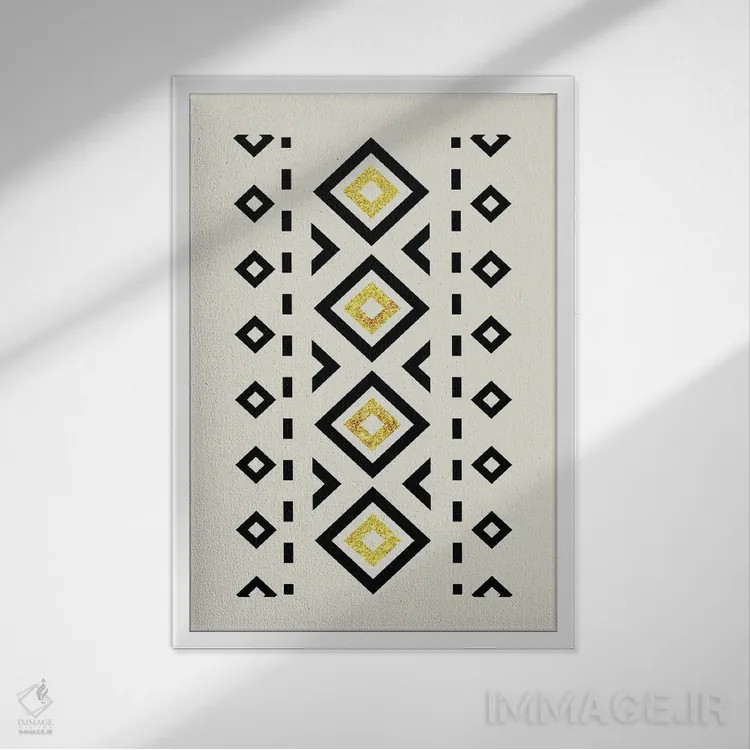 تابلو مینیمال هنر قبیله ای انتزاعی طلایی و مشکی ۲ اثر نوردیک پرینت استودیو - نمای قابدار سفید