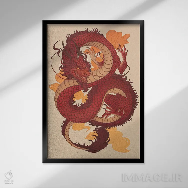 تابلو دکوراتیو اژدهای چینی اثر نورا پوتوورا - نمای قابدار مشکی