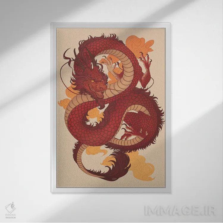 تابلو دکوراتیو اژدهای چینی اثر نورا پوتوورا - نمای قابدار سفید