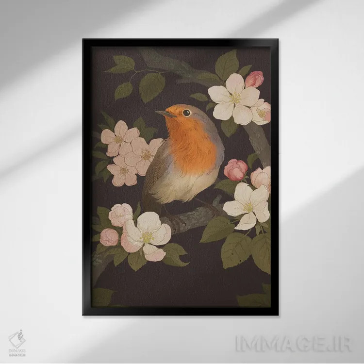 تابلو دکوراتیو سینه سرخ اروپایی اثر نورا پوتوورا - نمای قابدار مشکی