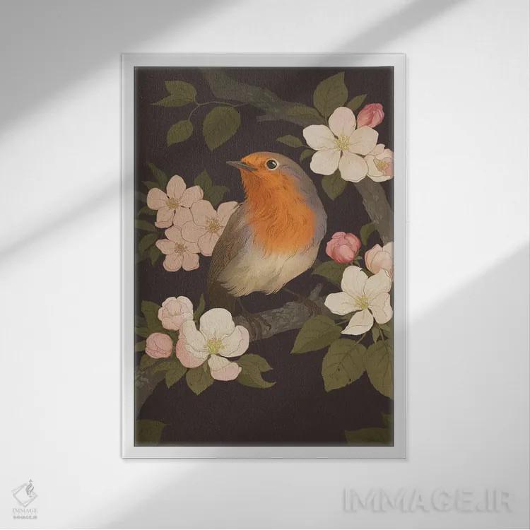 تابلو دکوراتیو سینه سرخ اروپایی اثر نورا پوتوورا - نمای قابدار سفید