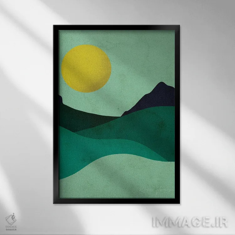 تابلو مینیمال ماه سبز زرد اثر رینا نوریگا - نمای قابدار مشکی