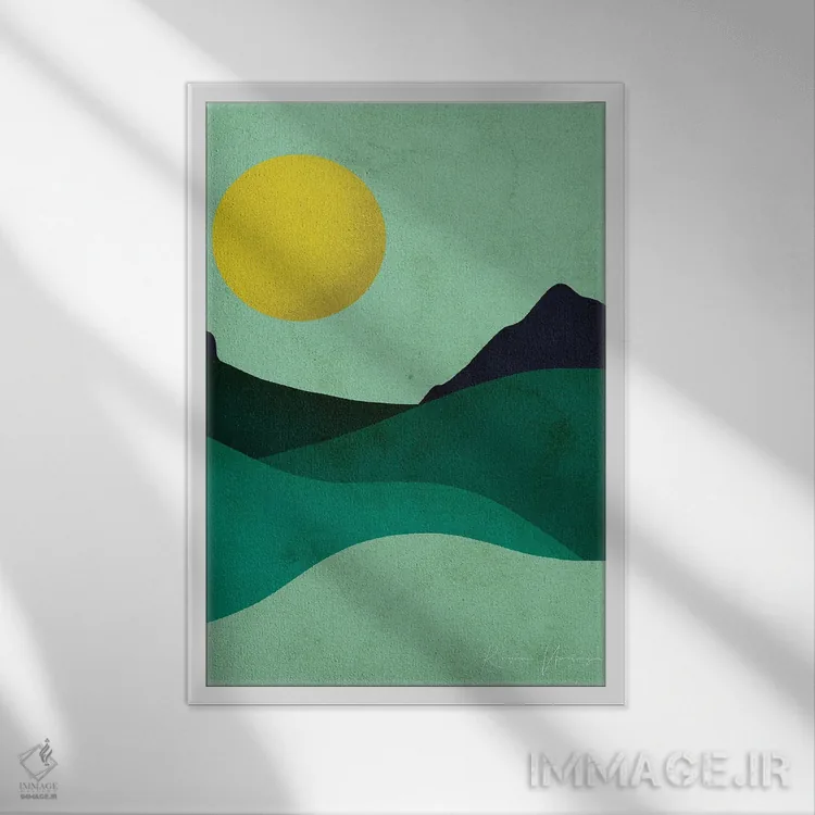 تابلو مینیمال ماه سبز زرد اثر رینا نوریگا - نمای قابدار سفید