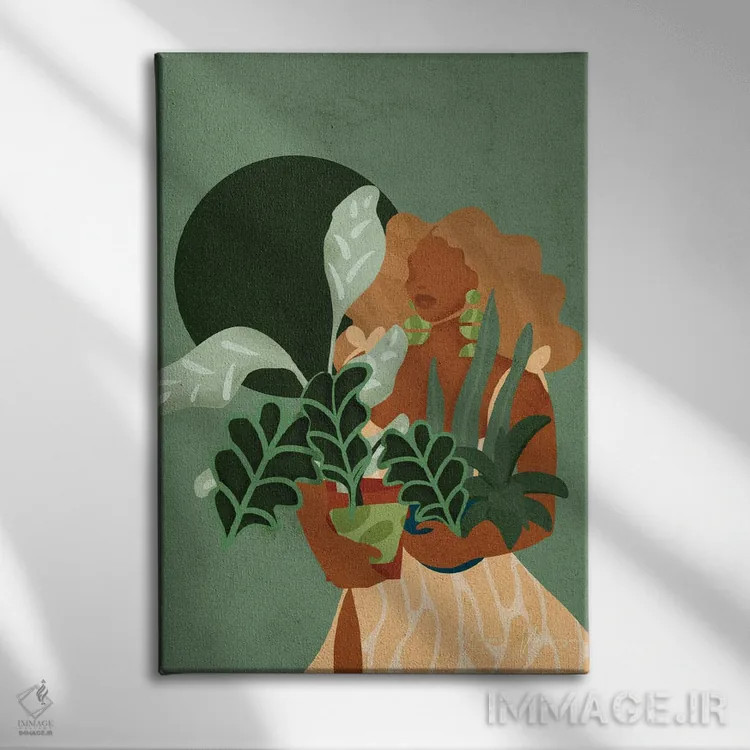 تابلو دکوراتیو بانوی گیاه دوست اثر رینا نوریگا - نمای روبهرو روی دیوار