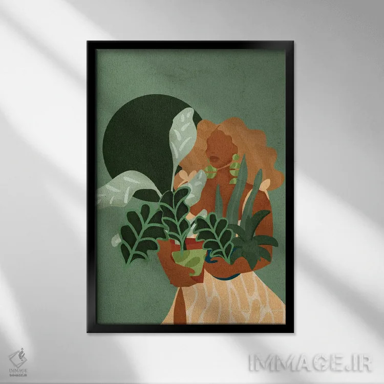 تابلو دکوراتیو بانوی گیاه دوست اثر رینا نوریگا - نمای قابدار مشکی