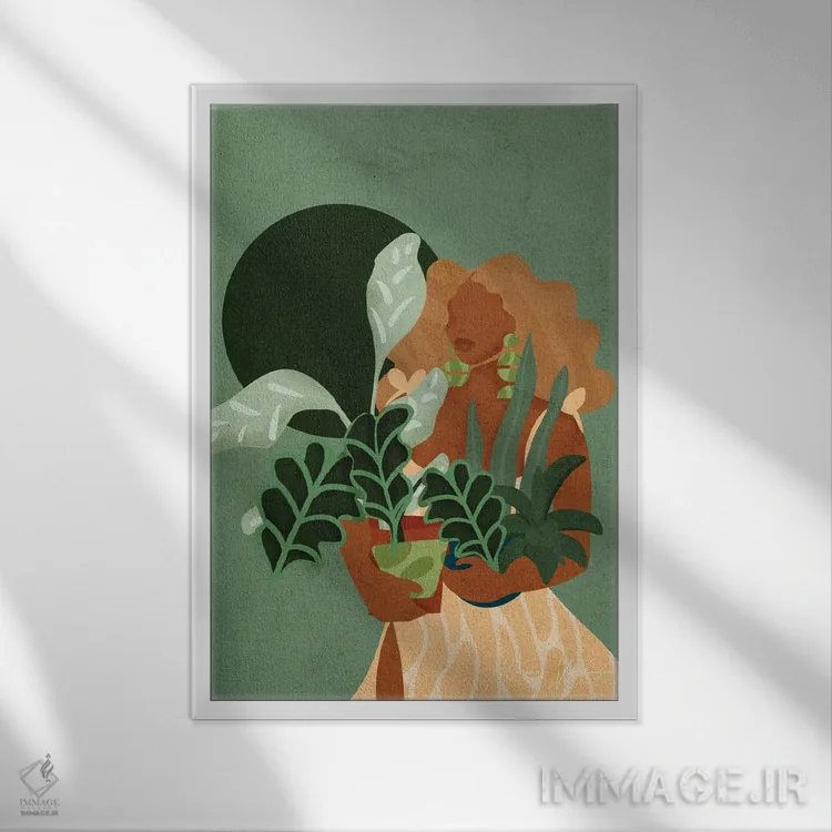 تابلو دکوراتیو بانوی گیاه دوست اثر رینا نوریگا - نمای قابدار سفید