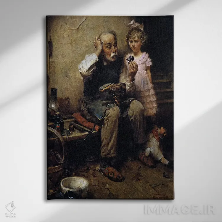 تابلو کلاسیک کفاش در حال بررسی کفش عروسک اثر نورمن راکول - نمای روبهرو روی دیوار