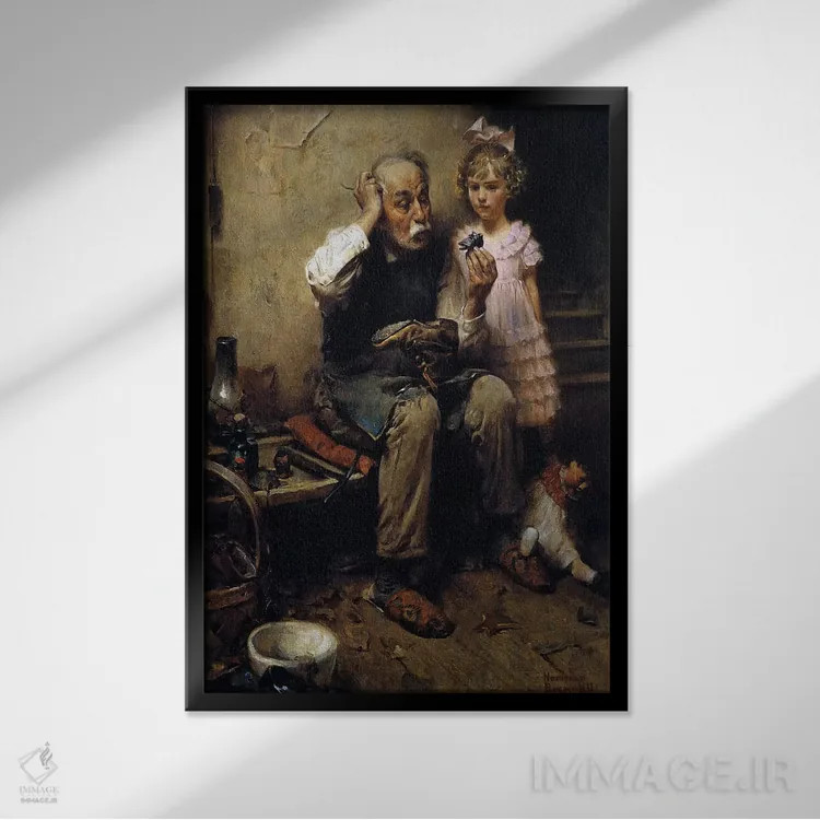 تابلو کلاسیک کفاش در حال بررسی کفش عروسک اثر نورمن راکول - نمای قابدار مشکی