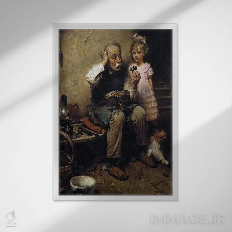 تابلو کلاسیک کفاش در حال بررسی کفش عروسک اثر نورمن راکول - نمای قابدار سفید