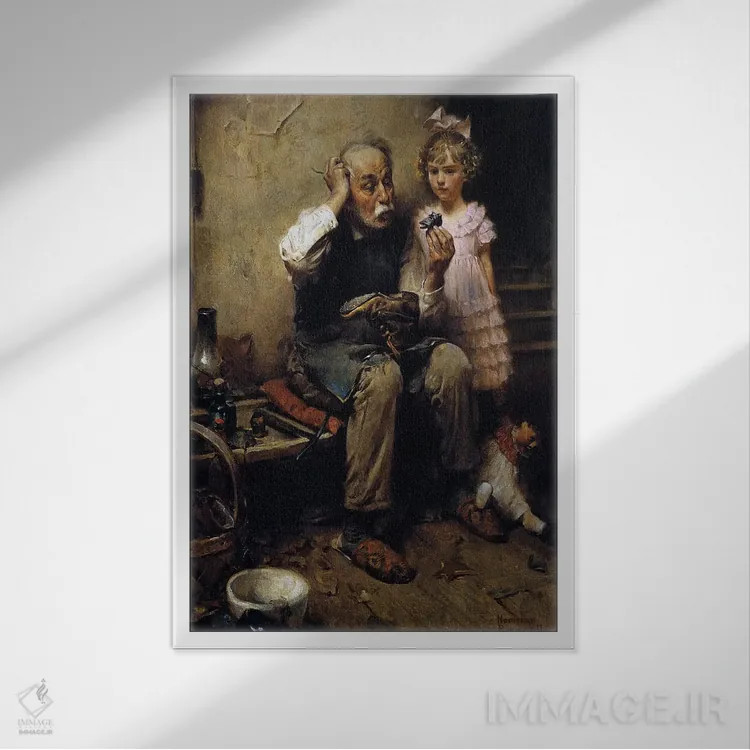 تابلو کلاسیک کفاش در حال بررسی کفش عروسک اثر نورمن راکول - نمای قابدار سفید