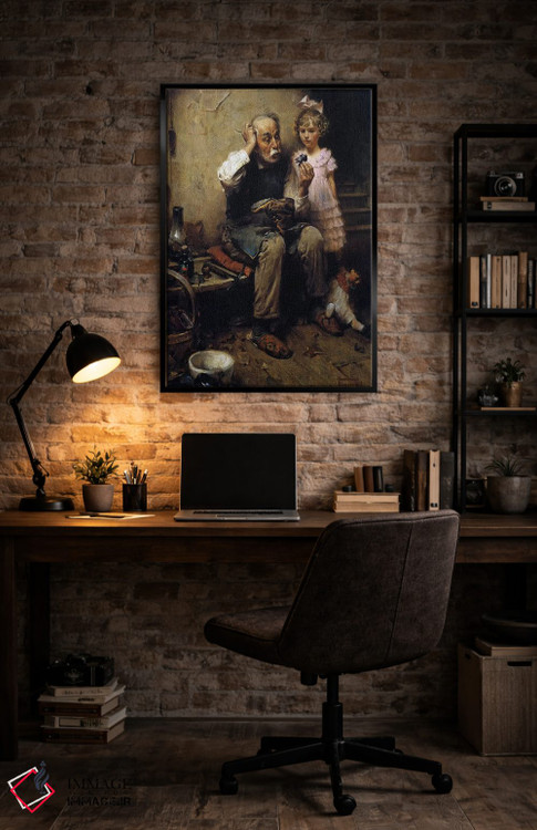 تابلو کلاسیک کفاش در حال بررسی کفش عروسک اثر نورمن راکول - D6B