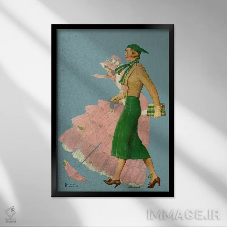 تابلو کلاسیک دو زن در حال قدم زدن اثر نورمن راکول - نمای قابدار مشکی