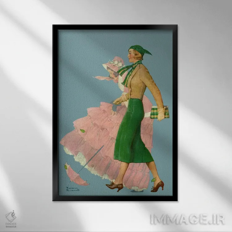 تابلو کلاسیک دو زن در حال قدم زدن اثر نورمن راکول - نمای قابدار مشکی