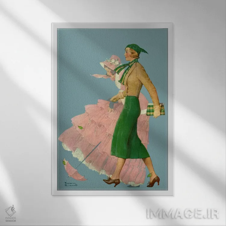 تابلو کلاسیک دو زن در حال قدم زدن اثر نورمن راکول - نمای قابدار سفید