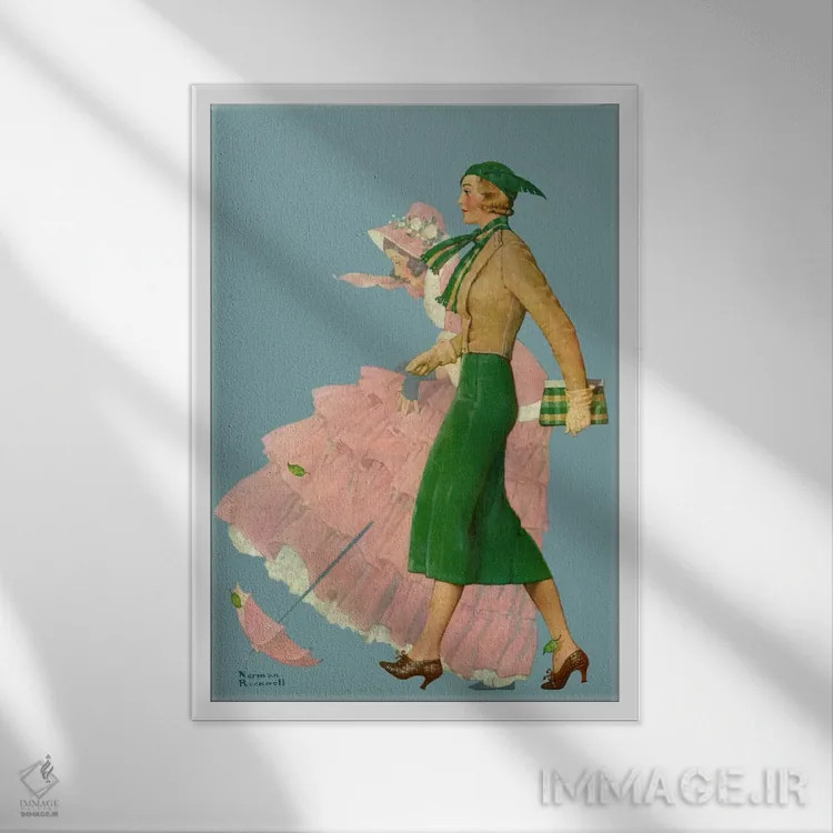 تابلو کلاسیک دو زن در حال قدم زدن اثر نورمن راکول - نمای قابدار سفید