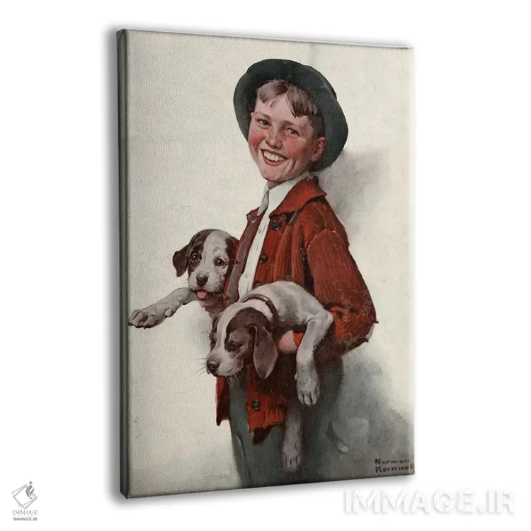 تابلو کلاسیک پسر بچه با توله سگ ها اثر نورمن راکول - نمای پرسپکتیو محصول
