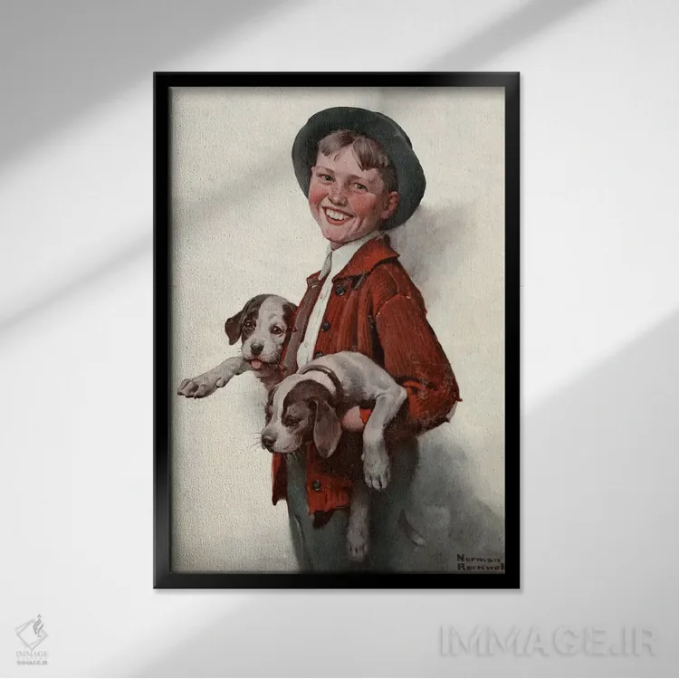 تابلو کلاسیک پسر بچه با توله سگ ها اثر نورمن راکول - نمای قابدار مشکی